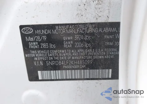 2019 Hyundai Elantra Sel из США, поврежденный, VIN 5NPD84LF2KH485099